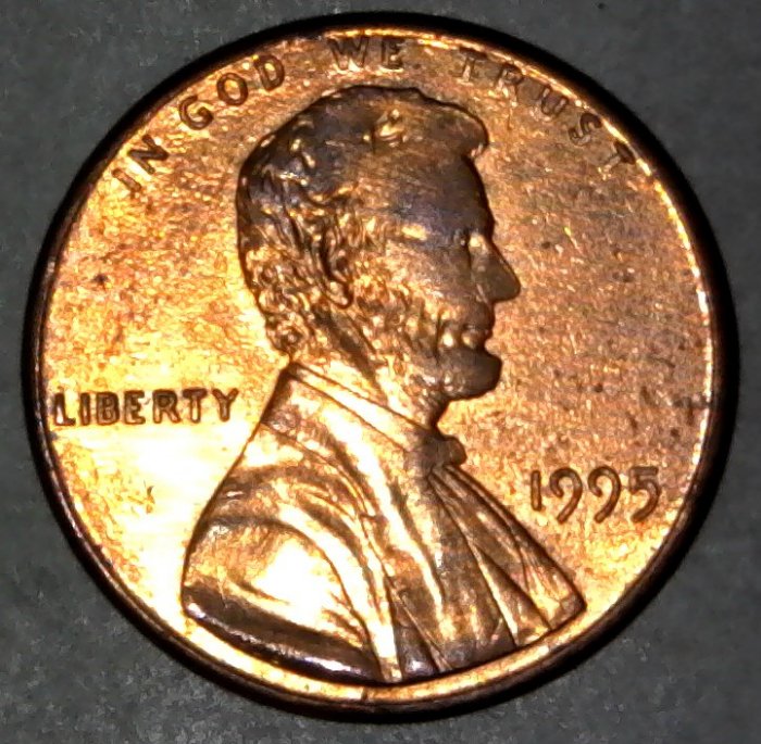 1995-P-Lincoln-Cent-Struck-Through-Grease-On-Face-Weighs-2.5-Grams.